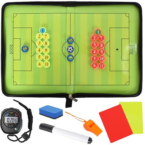 Colexy Fußball Taktiktafel Klappbar Trainermappe, Fußball Taktiktafel Tragbar, Fussball Board mit Magnetische Schachfiguren, Stoppuhr Timer, Schiedsrichter Pfeifen, Schwamm, Rote Karte, Gelbe Karte