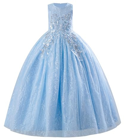 IDOPIP Vestido de Encaje con Lentejuelas para niña de Flores, para Boda, Concurso de Belleza, Fiesta Formal, Vestido Largo de Princesa para Primera comunión, Vestidos de Tul, Azul, 13-14 años