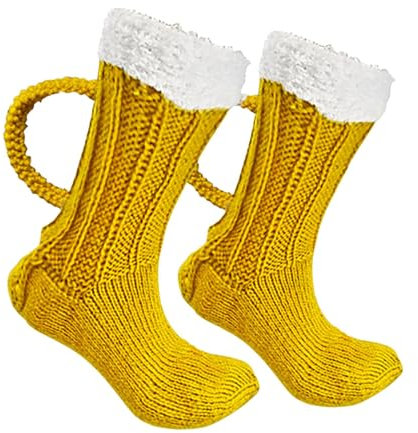 Bierkrug Stricksocken, Bier Socken Mit Henkel,Bierkrug Hausschuhe Socken Mit Griff, Bierkrug Stricksocken,Unisex Kuschel Thermosocken Grobstrick Socken Geschenke Gelb