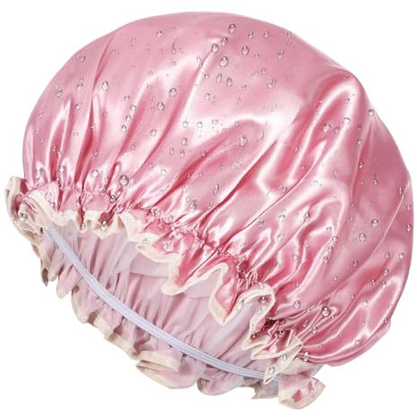 Large Shower Cap for Women, Reusable Waterproof Bath Shower Caps Double Layer Bathing Shower Hat Elastic Band Satin Bonnets Bath Hair Caps for Women Long Hair(Pink)