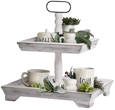 Tiered Wooden Tray Stand - Rustic 2-Tier Farmhouse Serving Tray, Decorative Display for Kitchen Counter, Coffee Bar, Dessert Table | Detachable Food Display