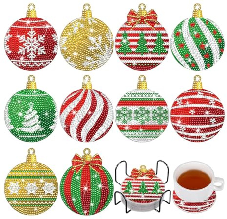 Juego de 10 Pintura de Diamantes Posavasos, Posavasos DIY, 5D DIY Diamante Pintura Posavasos Navidad, Diamond Painting Posavasos con Soporte, para Bebidas para Pintura de Diamantes Taza de Mesa