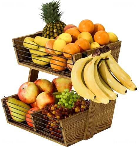 NiHome 2-Tier Wooden Fruit Basket for Kitchen, Fruit Bowl, Fruit Stand Holder for Kitchen Countertop,Bread Fruit Vegetable (Brown)