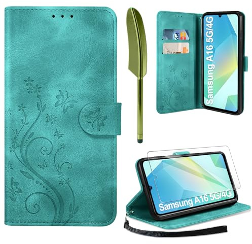 AROYI Cover Compatibile con Samsung Galaxy A16 5G/4G e Vetro Temperato, Retro Design Flip Caso in PU Pelle Premium Portafoglio Slot per Schede Chiusura Magnetica Custodia Verde Scuro