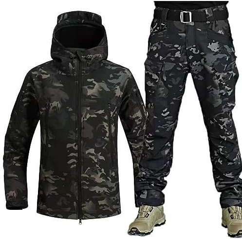 Mixtric Jagdbekleidung Für Herren, Softshelljacke Für Herren, Trainingssets Armeejacken, wasserdichte Militär-Kampfanzug-Sets, Wasserdicht, Reißverschluss, Kapuzenpullover,Camouflage c,XXL
