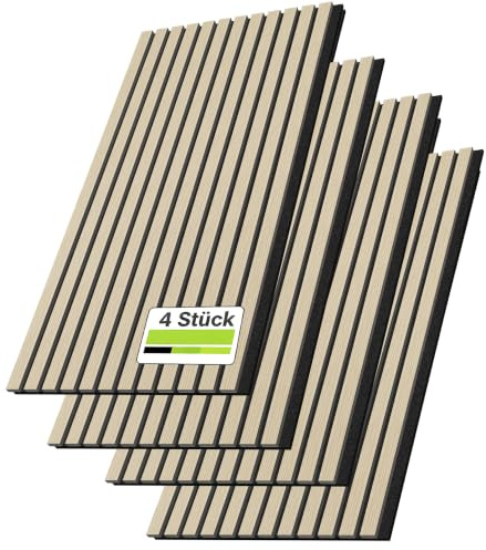 Aufun 4er-Set Akustikpaneele Holz Schallabsorbierende Wandverkleidung Selbstklebend 120x60 cm, Muster Set Holz Wandpaneel auf Akustik-Filz, Lamellenwand für Wohnzimmer, Büro, Garderobe (Eiche)