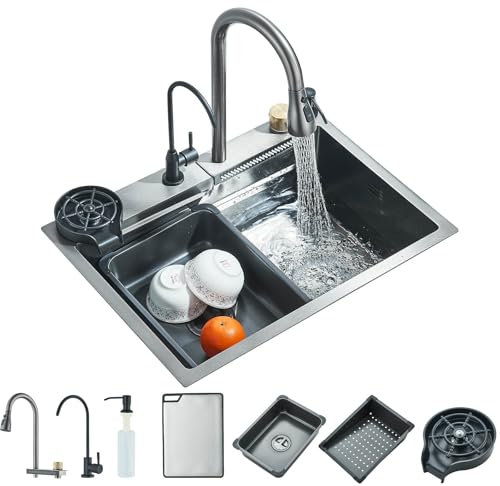 TVTIUO Évier de cuisine multifonction en acier inoxydable, évier de cuisine avec lave-vaisselle et distributeur de savon (60 x 45 cm), gris plomb, robinet amovible, eau pure