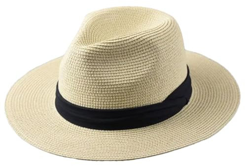 Panama-Hut für Damen, Strandhut, breite Krempe, Strohhut, Übergröße, Fedora-Hut, beige, 55-57cm