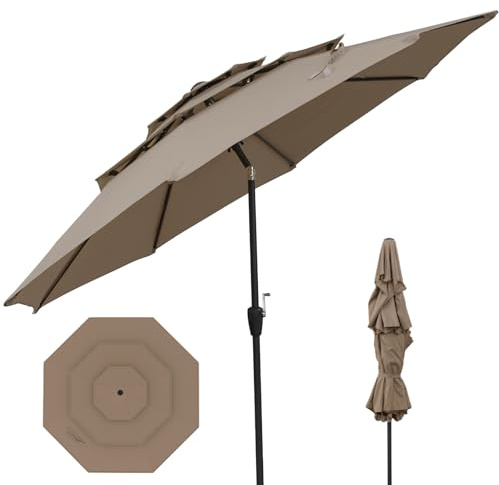 GOPLUS Parasol de Jardin Exterieur à 3 Niveaux, 3M Parasol de Blacon Inclinable 30°, avec Toit Ventilé Anti-vent, Manivelle, Protection Solaire, pour Terrasse Cour Piscine (Marron)