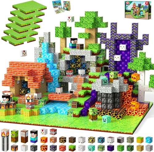 GraceDuck Magnetiska Byggklossar 150 delar - Skog & Gruvtunnel Set med 6 Gräsplattor - Kreativa Byggklossar för Barn 3-9 år - Pedagogisk Leksak, Montessori Present till Pojkar och Flickor