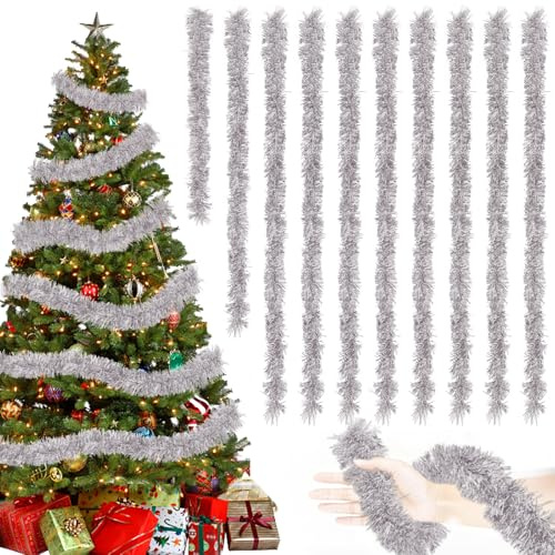 20M/Pack of 10 Lametta Weihnachtsbaum, Lametta Silber Girlande Weihnachten, Weihnachtsbaum Deko, Weihnachtsdeko Girlande, Lametta Girlande für Vorhänge, Zimmer, Party Weihnachtsfeierdekoration