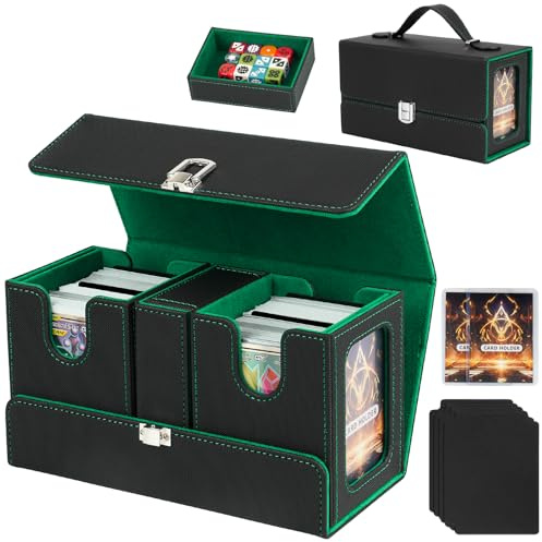 Jaffzora Deck Box MTG/TCG 3-en-1 – Boîte de Rangement Cartes 200+ Double Sleeves, 2 Deck Box avec Plateau à Dés et Fenêtre Commandant, Porte Cartes à Collectionner en Cuir PU Magnétique, noir et vert