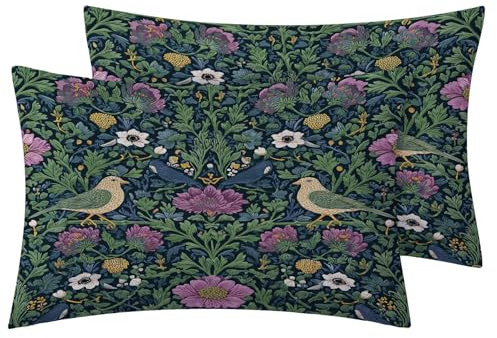 Zhrylliq William Morris Floral Pillow Case King Size Set of 2, Flower Bird Pillowcase & Bedroom Decor, Vintage Botanical Pillow Shams with Hidden Zipper