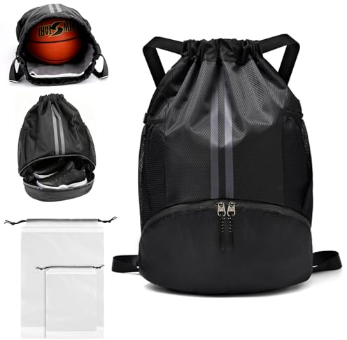 QKJEM Juego de mochila negra con bolsa para zapatos, mochila de natación para niños con compartimento húmedo y seco, cierre de cordón, bolsa de deporte para niños, niñas, fitness, viajes y natación