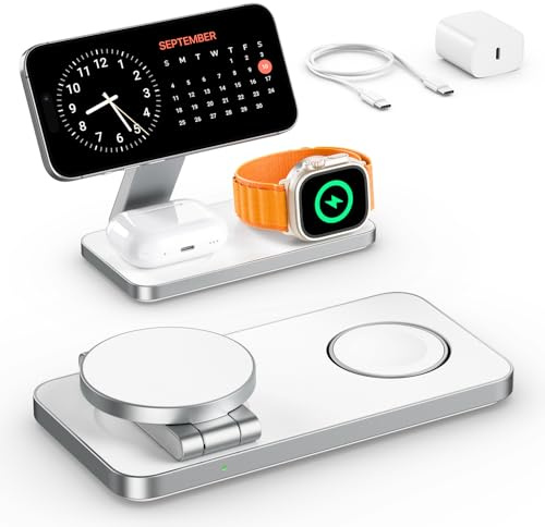 Induktive Ladestation Kompatibel mit Magsafe Ladegerät,QTlier 3 in 1 iPhone Ladestation für 17/16/15/14/13/12 Serie,20W Wireless Charger für Apple Watch 10/9/8/7/6/5/4/3 und AirPods (Tief Weiß)