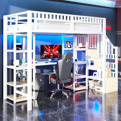BTM Kinder Bett 90 x 200 cm Metall Hochbett mit Schreibtisch, LED-Lichtleiste Kinderbett mit Treppe Einzelbett mit Stauraum, Schwarz, ohne Matratze