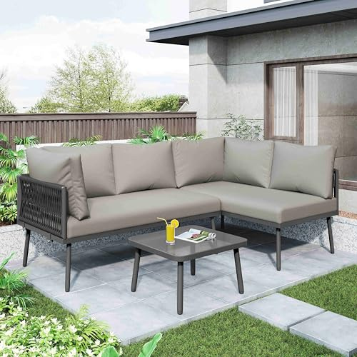 Lahoomu Garten-Lounge-Set aus Eisen, L-förmiges Gartenmöbel-Set, Lounge-Set aus mit Sitzkissen, verstellbaren Füßen, 2 Sofas und 1 Tisch, Grau