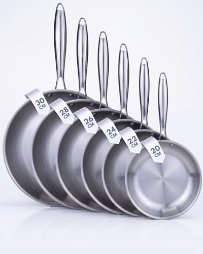 BAVARY Set Padelle Induzione (20-22-24-26-28-30 Cm) - Padella Acciaio Inox 18/10 Senza Rivestimento - Padella Induzione Professionale Per Gas E Piano Induzione - Ideale Con Pentole, Lavastoviglie OK