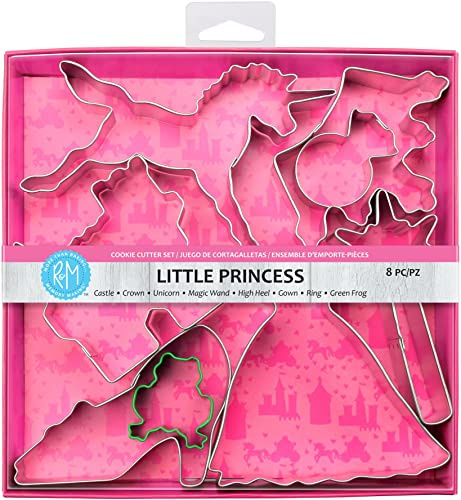 R&M International 1819 Little Princess - Cortador de galletas, corona, unicornio, varita, zapatilla, vestido, anillo, rana, juego de 8 piezas