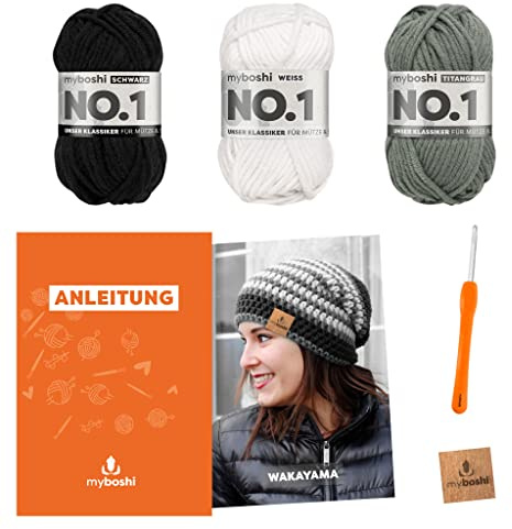 myboshi Häkelset Beanie Wakayama, Häkelset für Anfänger, inkl. No.1 Wolle, Nadel und Anleitung, Label, Häkelpaket für Anfänger, 30% Merinowolle Schwarz, mit Häkelnadel