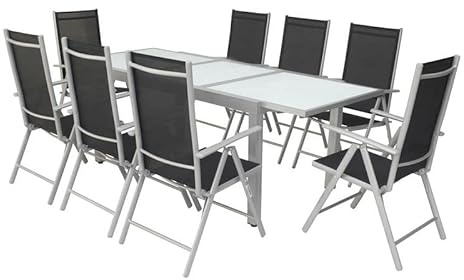 Villana Garten-Essgruppe, Silber/schwarz, Alu/Textil, Tisch 160/220 cm, 8 Klappstühle