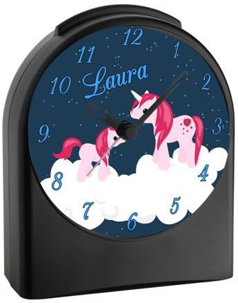 CreaDesign, WU-50-1006, Einhorn, analog Kinderwecker schwarz, Funkwecker ohne Ticken, mit Licht, personalisiert mit Namen, 9,6 x 5,5 x 11,9 cm, 104 g
