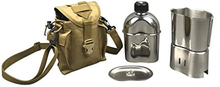 Jolmo Lander Militär-Kochgeschirr-Set, Camping-Kantine Mit Tasse, Deckel, Herd, Edelstahl-Kantine, Tasche (Sandbraunes Set)