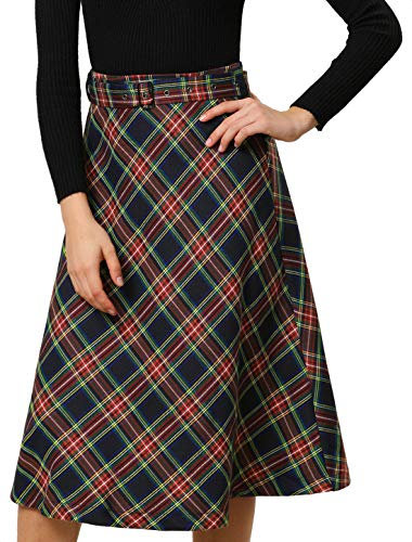 Allegra K Damen Kariert Rock Schottenrock Knielang A Linie High Waist Colorblock Midirock Dunkelblau L