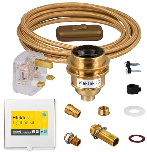 ElekTek UK E27 Brass Shade Ring Edison Lamp Refurbishment Fixing Kit, Gold Round Braided Fabric 3-Core Lighting Flex Cable, Inline Rocker Switch, Extensive Fittings Pack, 13A Plug (3A Fuse)