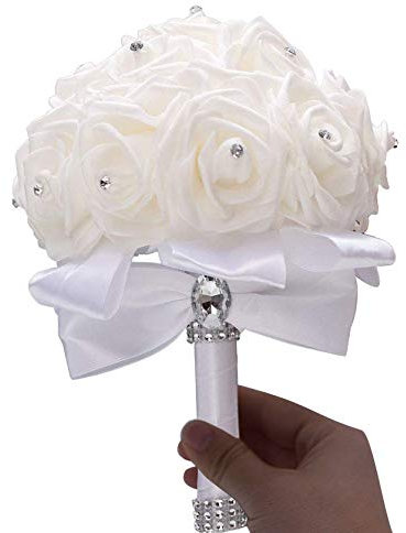 Linian Bouquet da Sposa Bianco,Romantico Artificial Rose Fiori,Cristalli Scintillanti