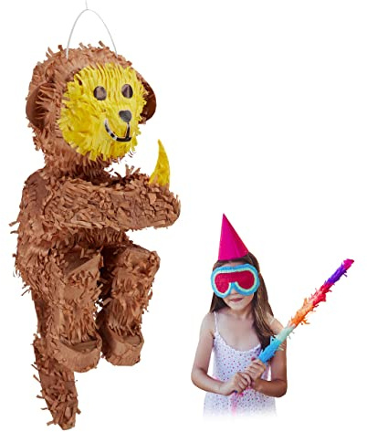 Relaxdays Piñata Mono, para Colgar, Fiestas Cumpleaños Niños y Niñas, Simio, Rellenable con Chuches, de Papel, Marrón