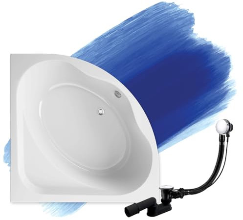 BADLAND Badewanne Original Weiß Acryl Wanne Eckbadewanne STANDARD 150x150 KOMPLETTSET SET + Füßen und Exklusive Chrom Automatik Ablaufgarnitur Made in EU 3in1