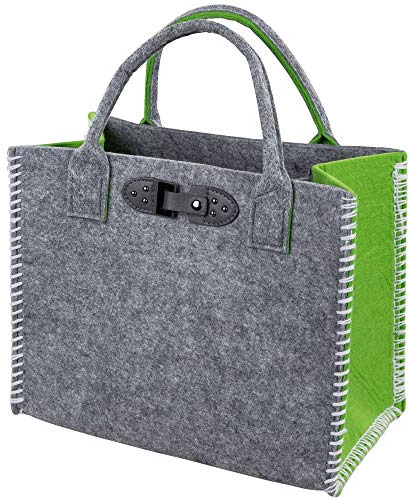 formano Filztasche Shopping-Bag faltbar, 34x20cm, 1 Stück, Hellgrau Grün, mit Kunstlederschnalle und gesticktem Rand