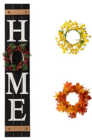 Glitzhome Spring Winter Welcome Sign for Front Porch, 42 Black Interchangeable Wooden Sign with 3 Seasonal Wreaths for Outdoor Door Decorations, Farmhouse Porch Decor