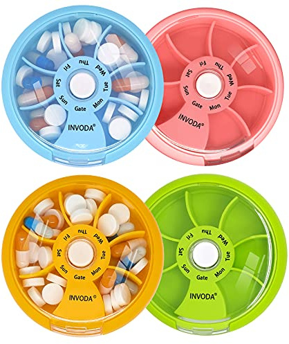 INVODA Weekly Pill Organizer 7 Compartment Rotating Pill Box for Daily Medication & Vitamins - Portable Travel Pill Case Fish Oil Supplements Vitamins Organizer (4PCS)