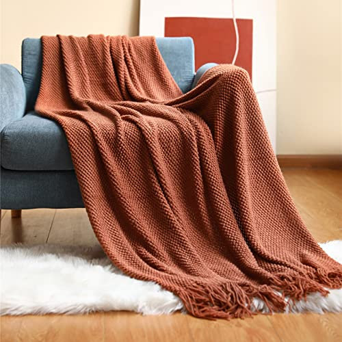 Kuscheldecke Mit Quaste, Weich Leicht Strick Weich Gestrickte Decke Wohndecke Sofadecke Couchdecke Schlafdecke Tagesdecke Für Sofa, Bett, Couch (Ziegelrot,127 * 172cm)