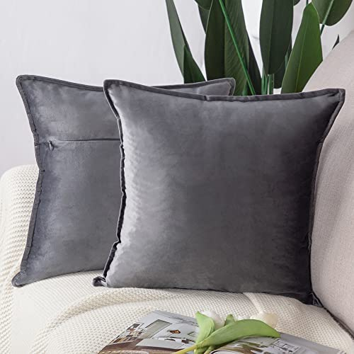 Madizz 2er Set Samt Dekorativ Zierkissenbezüge Luxus Stil Kissenbezug für Sofa für Schlafzimmer Grau 65x65 cm Quadrat