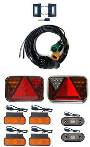 MelTruck LED Anhängerbeleuchtung SET 12V E9 – 5-Funktionen Rückleuchten CANBUS, 13-poliges Kabel – Anhänger Trailer Wohnwagen LKW (B. 4x gelbe Umrissleuchte mit Halterung, Kabel 7,7m/5,3m)