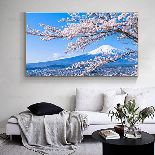 Cuadros de pared de montaje de primavera de Japón Flores de cerezo Pintura en lienzo Paisaje Flores Pósteres Impresiones para decoración de sala de estar 80x140cm (31.5x55.1in) Con marco