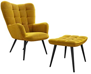 Mirjan24 Ohrensessel mit Hocker Gunar 0022, Stilvoll Lesesessel, Relaxsessel mit Hocker im Modernen Look, Lehnstühle, Polstersessel, Fernsehsessel (Gelb (HCD-20))