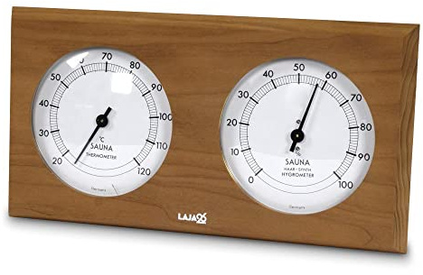 LaJa26 Sauna Thermo-Hygrometer - FSC Thermo-Espenholz - Misst Temperatur & Luftfeuchtigkeit - Bimetalltechnik - Synthetik-Haar - Beständig gegen Wärme und Luftfeuchtigkeit - Made in Europe