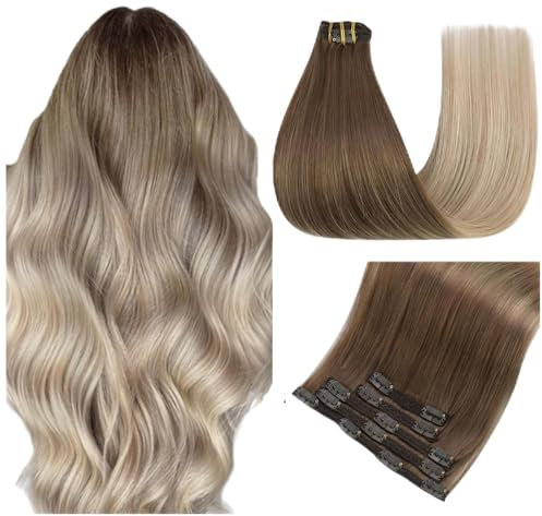 Easyouth Extensions Echthaar Clip in Balayage Blond Echthaar Clip in Extensions Hellbraun Ombre Platinblond und Aschblond Remy Echthaar Extensions Clip in 35 cm 5Pcs 70g #8/60/18