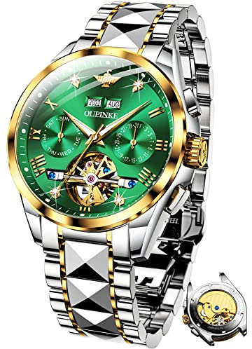 OUPINKE Herrenuhren Automatik Grün Skelett Mechanisch Selbstaufzug Luxus Diamant Saphirkristall Wasserdicht Wolframstahl Business Armbanduhr