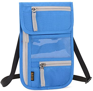 Brustbeutel Herren und Damen,Asudaro Passport Bag Multifunktionale Umhängetasche Brustbeutel mit RFID-Blocker Sicherheitstasche Mehreren Taschen für Ausweise Schlüssel Lippenstifte Blau