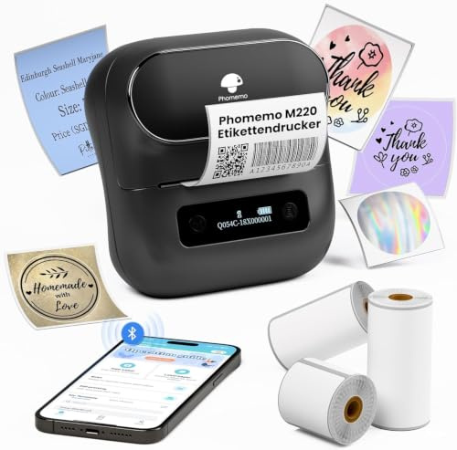 Phomemo M220 Etikettendrucker Mobile Thermo Etiketten Drucker | Tragbarer Etikettendrucker Bluetooth Etikettenhersteller für Barcode,Zuhause und Büro Schule Etikettierung,für Android & iOS