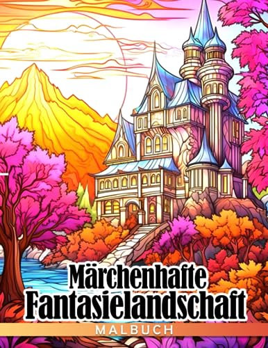 Märchenhafte Fantasielandschaft: Schloss Erwachsene Malvorlagen mit detaillierten Bildern von glamourösen Akropolis Palmen und Flussufern zum Genießen und Spaß haben