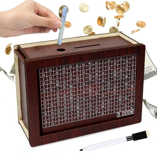 Hucha de Madera, Hucha con Objetivos de Ahorro (3000€), Hucha de Madera con Contador, Caja de Ahorros De Madera Reutilizable, Caja de Ahorros en Efectivo para Adultos y Niños, Marrón Oscuro