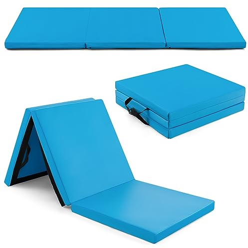 Goplus Folding Gymnastics Mat, Tri-fold 6’ x 2’ x 2’’ Tumbling Exercise Gym Mat with PU Leather Cover, Hook & Loop Fastener & Carrying Handles for Yoga Stretching Cheerleading Martial Arts (Blue)