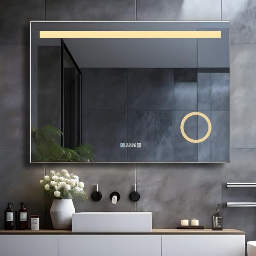 LISA LED Badspiegel mit Beleuchtung 120x80 cm, Bad Spiegel Groß badezimmerspiegel mit Steckdose & Uhr Touch Dimmbar Warmweiß/Kaltweiß Licht Antibeschlag Wandspiegel für Badezimmer, WC, Flur