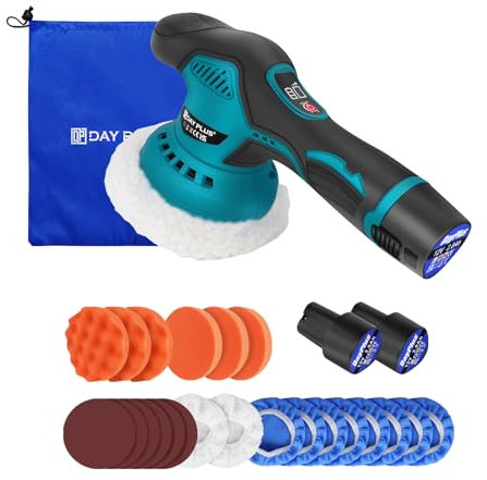 Akku Poliermaschine für Auto, 12V 300W Exzenter Poliermaschine, 12mm Polier Random Orbit, 150mm Polierscheibe, Poliermaschinen Set mit 2.0Ah Akku und 22 Schleif- und Polierzubehör für Autos Möbel